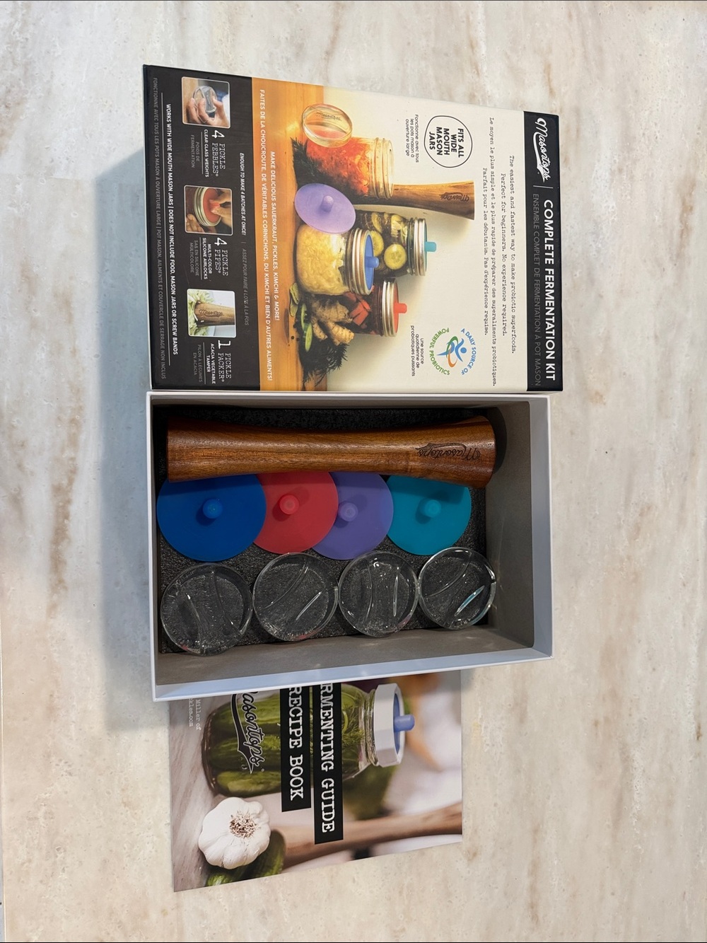 Masontops Complete Fermentation Kit with Wood Tamper and Colorful Silicone Lids